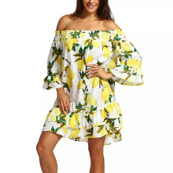 Off shoulder flowy short lemon print dress size Large - Picture 2 of 6